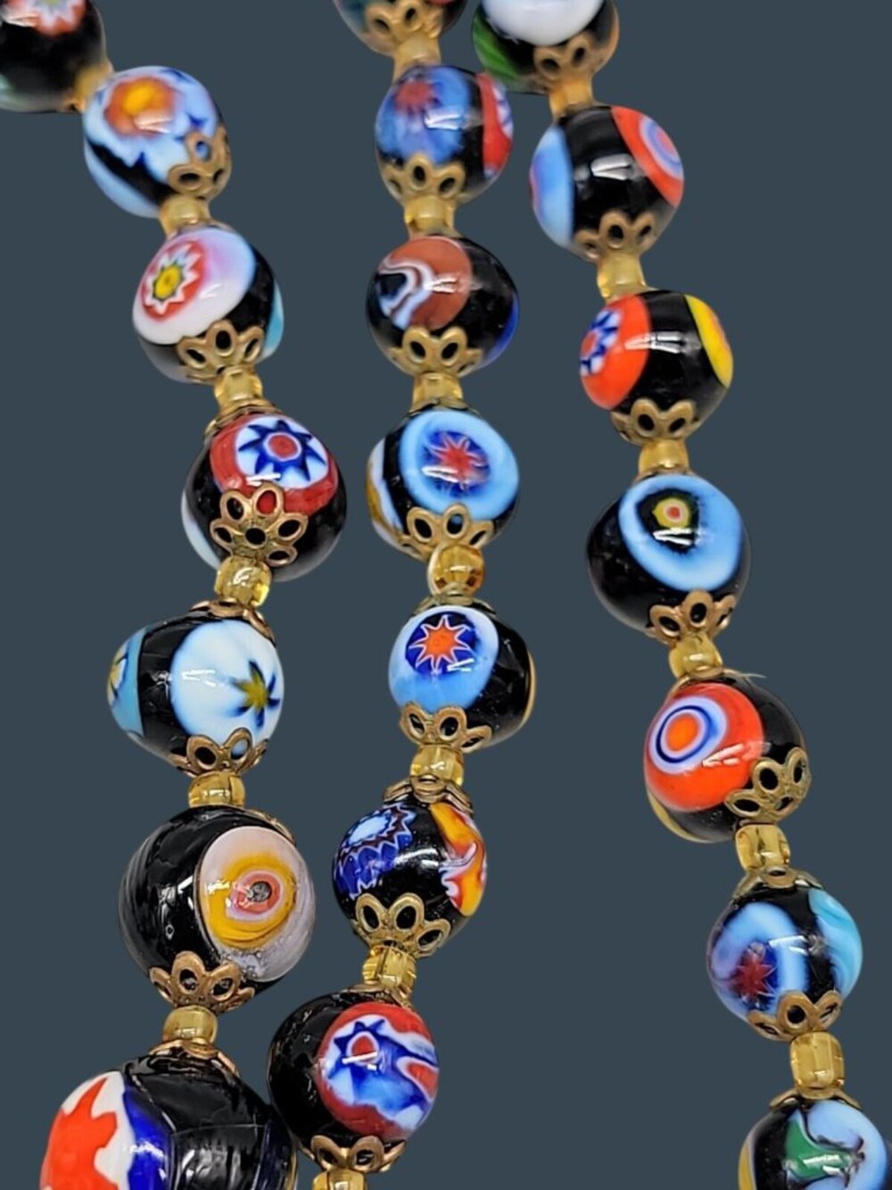 Antique Venetian Millefiori Murano Glass Bead Necklace 23" Graduated Black 16mm - Picture 14 of 16